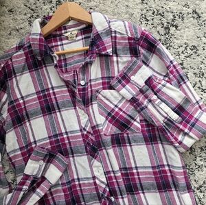 Woolrich Cotton Flannel Plaid Shirt Womens L Purple Pink Western Granola Cowgirl